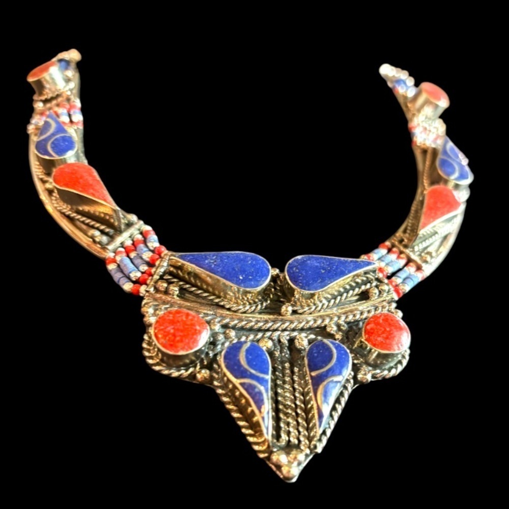 Blue Lapis and Coral Steer/Longhorn Necklace NEW